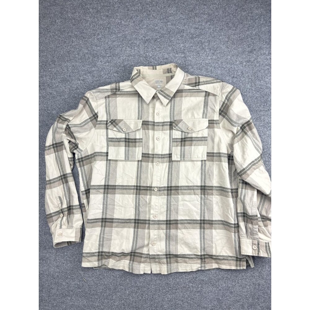 Mountain Shirt Mens XXL Beige Gray Plaid Button Up Long Sleeve Pockets Cotton